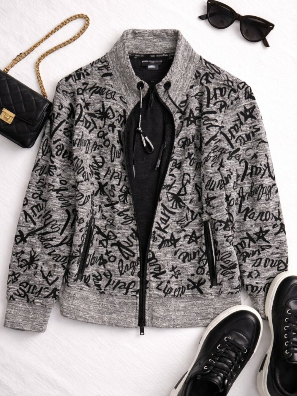 Karl Lagerfeld Paris Gray Black Logo Graffiti Zip Front Jacket Sweater Size M